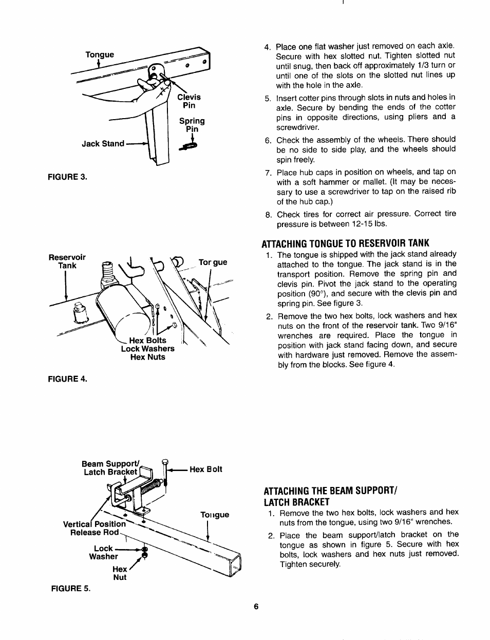 Ahaching tongue to reservoir tank, Attaching the beam support, Latch bracket | Bolens 522 User Manual | Page 6 / 20