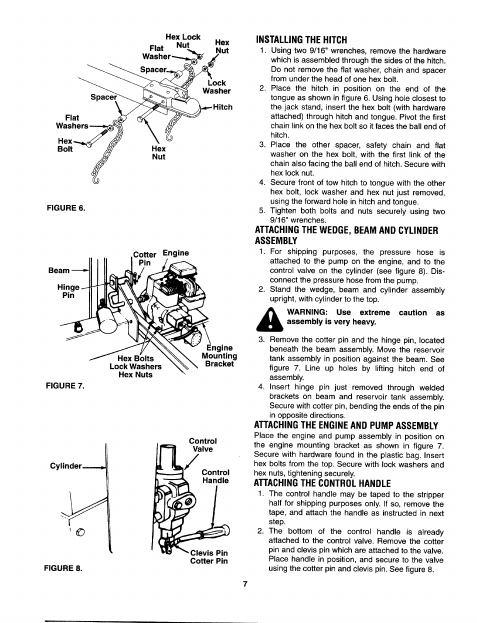 Installing the hitch, Attaching the wedge, beam and cylinder assembly, Warning: use extreme caution as | Ahaching the engine and pump assembly, Ahaching the control handle | Bolens 522 User Manual | Page 7 / 20