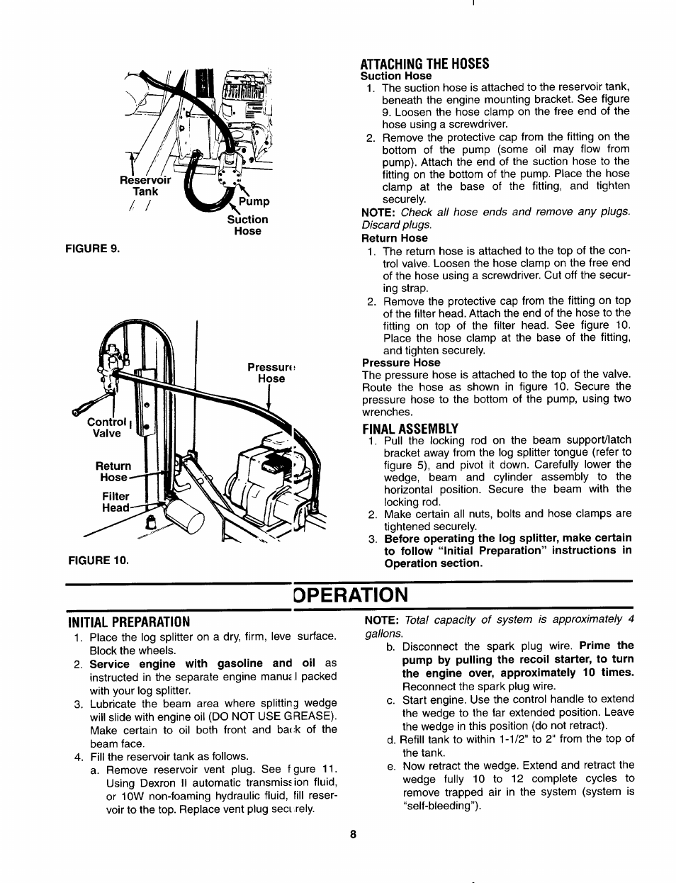 Attaching the hoses, Final assembly, Operation | Initial preparation, Service engine with gasoline and oil as | Bolens 522 User Manual | Page 8 / 20