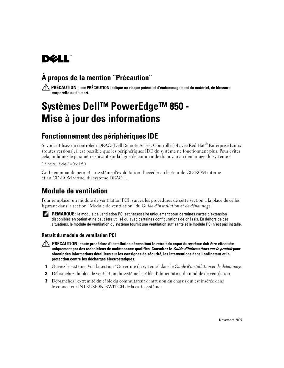 Fonctionnement des périphériques ide, Module de ventilation, Retrait du module de ventilation pci | À propos de la mention “précaution | Dell PowerEdge 850 User Manual | Page 5 / 18