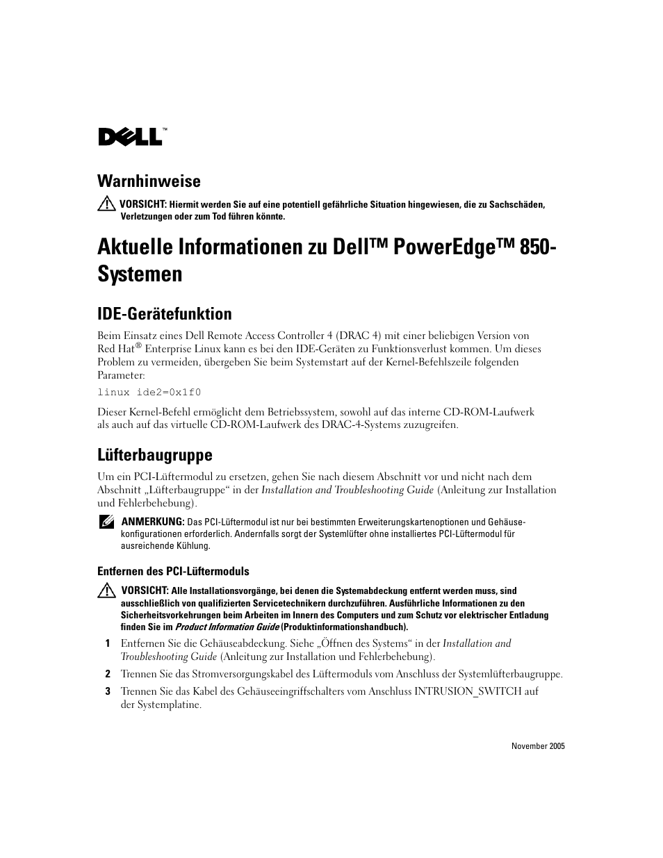 Ide-gerätefunktion, Lüfterbaugruppe, Entfernen des pci-lüftermoduls | Warnhinweise | Dell PowerEdge 850 User Manual | Page 8 / 18
