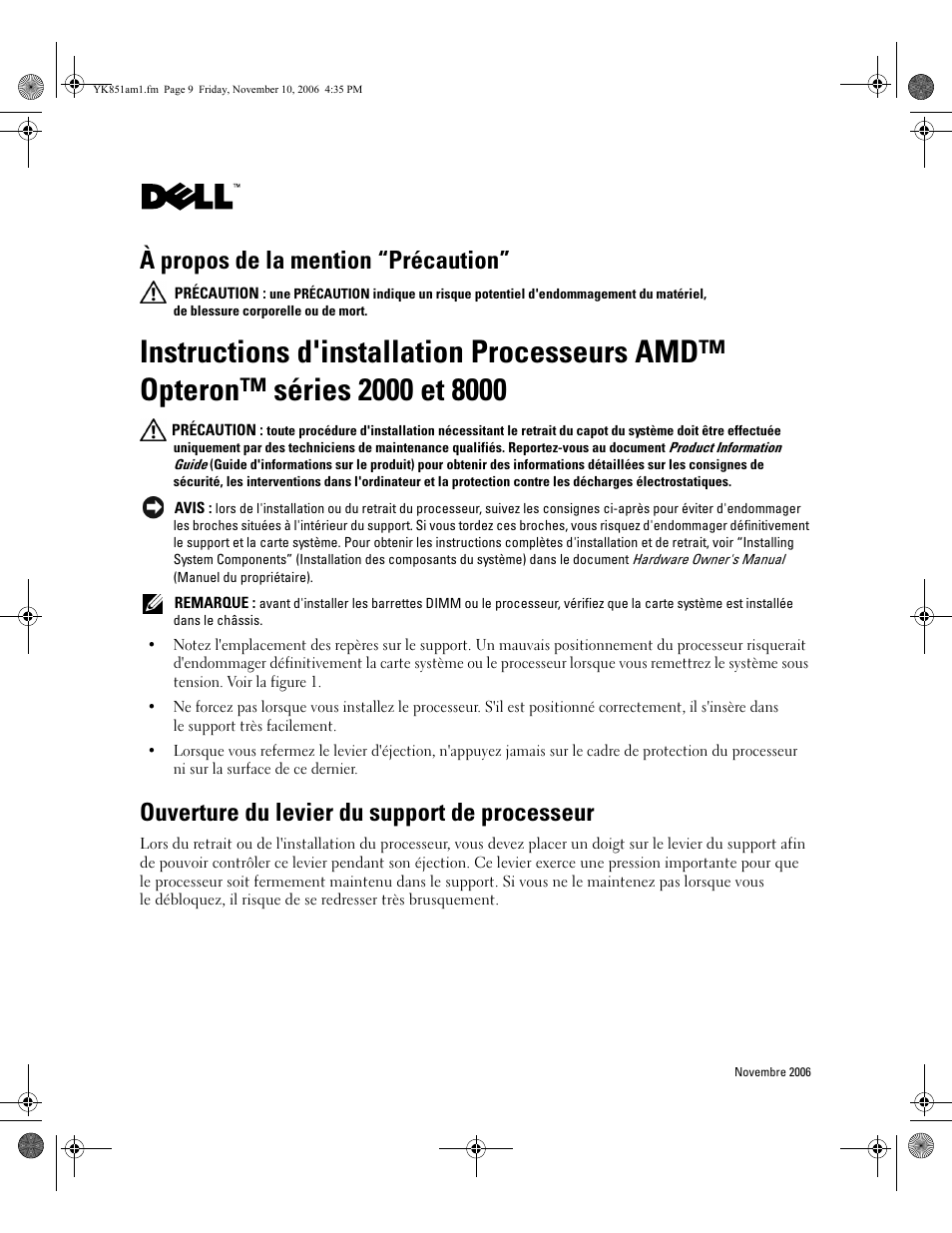 Ouverture du levier du support de processeur, À propos de la mention “précaution | Dell PowerEdge 6950 User Manual | Page 7 / 21