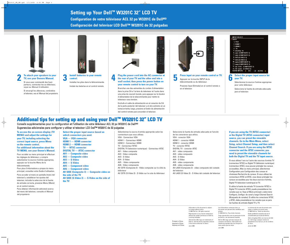 Setting up your dell, Additional tips for setting up and using your dell | Dell LCD TV W3201C User Manual | Page 2 / 2