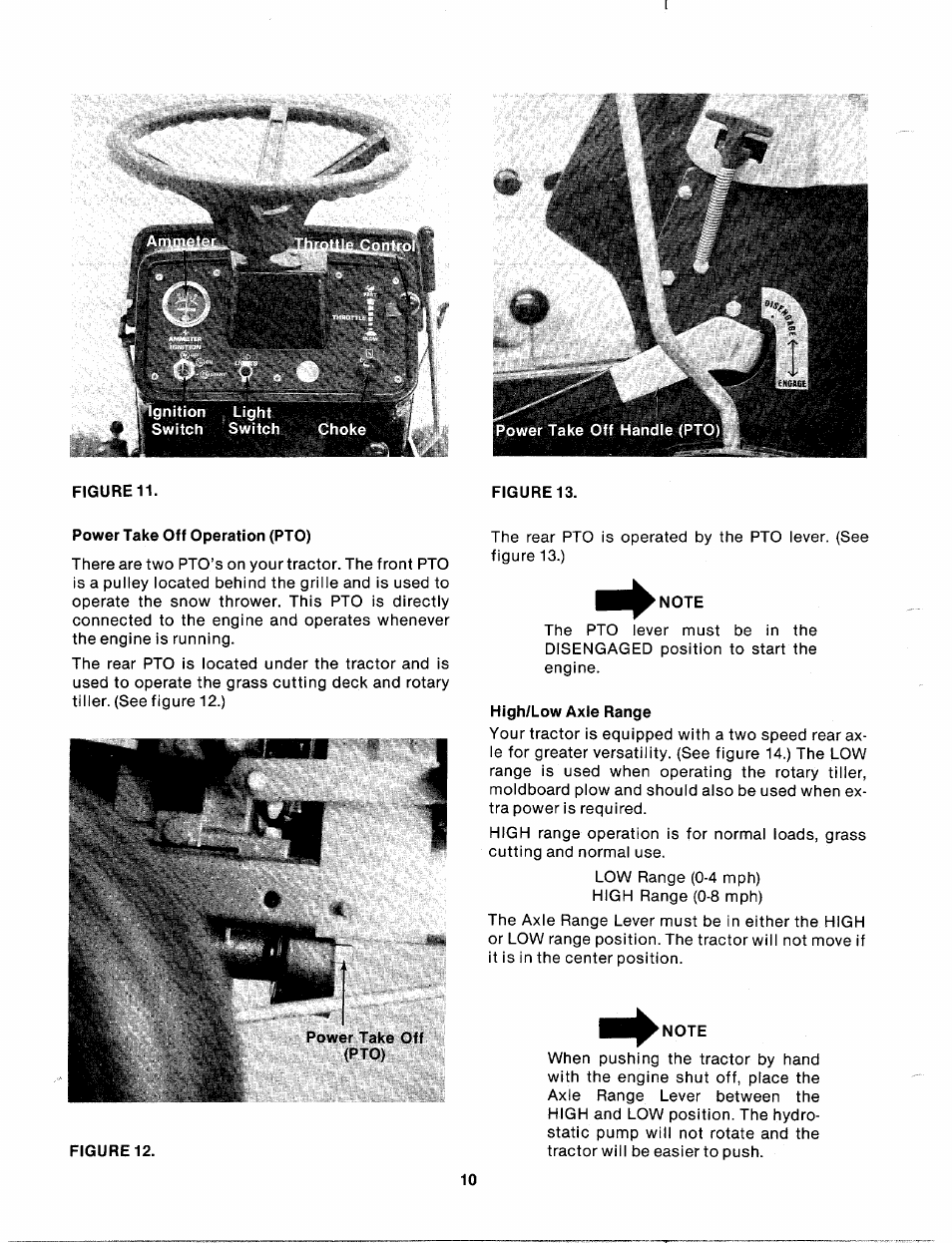 Power take off operation (pto), Power take off (pto), High/low axle range | Note | Bolens 140-990A User Manual | Page 10 / 47