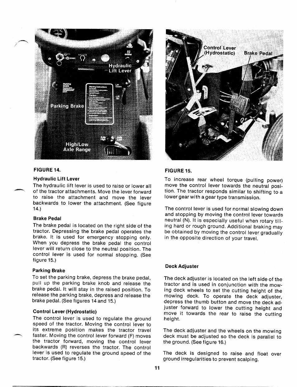 Brake pedal, Parking brake, Control lever (hydrostatic) | Deck adjuster | Bolens 140-990A User Manual | Page 11 / 47