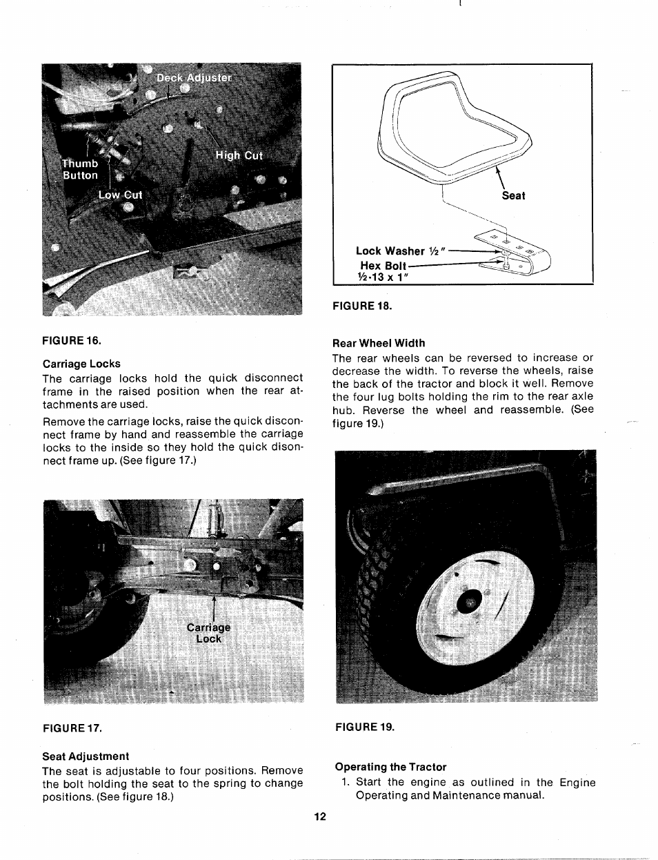 Carriage locks, Rear wheel width, Seat adjustment | Operating the tractor | Bolens 140-990A User Manual | Page 12 / 47