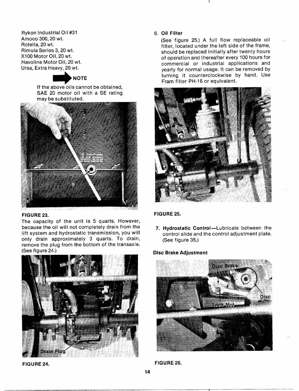 Oil filter, Disc brake adjustment | Bolens 140-990A User Manual | Page 14 / 47