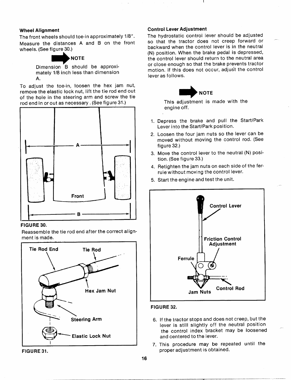 Wheel alignment, Note, Control lever adjustment | Bolens 140-990A User Manual | Page 16 / 47