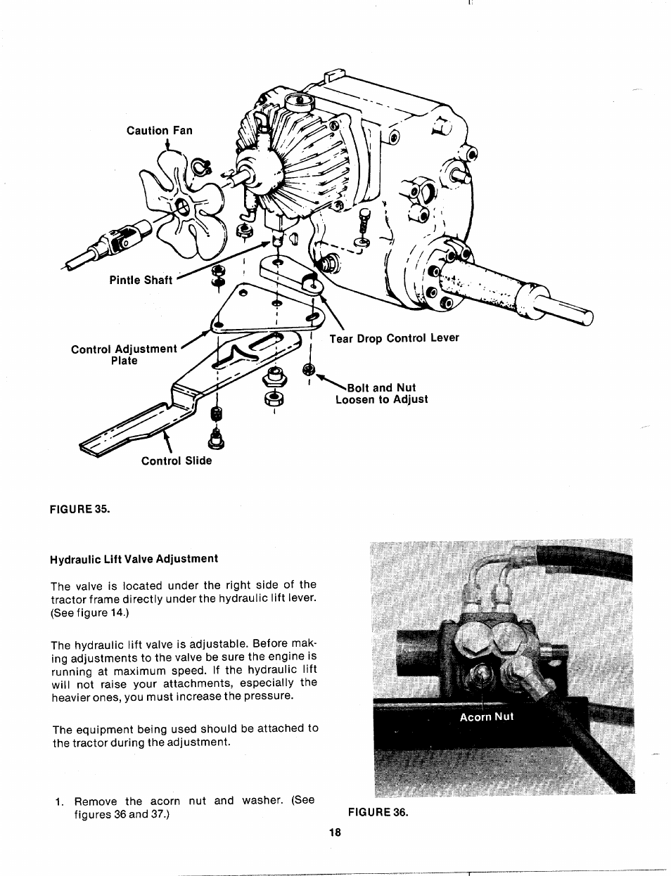 Hydraulic lift valve adjustment | Bolens 140-990A User Manual | Page 18 / 47