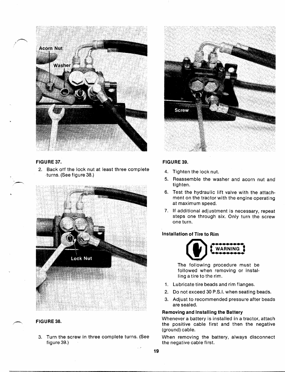 Figure 38, Figure 39, Installation of tire to rim | Warning | Bolens 140-990A User Manual | Page 19 / 47