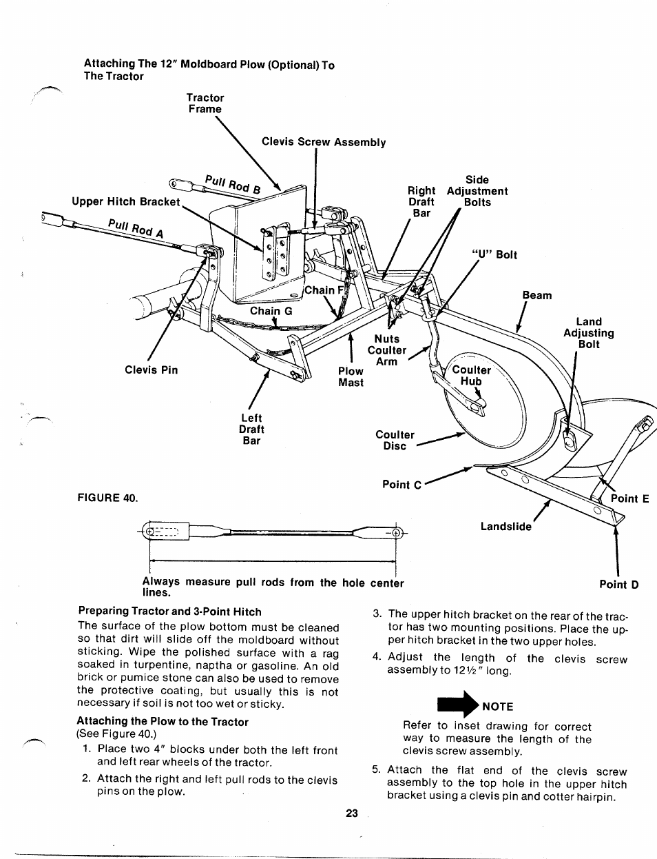 Preparing tractor and 3-point hitch, Note | Bolens 140-990A User Manual | Page 23 / 47