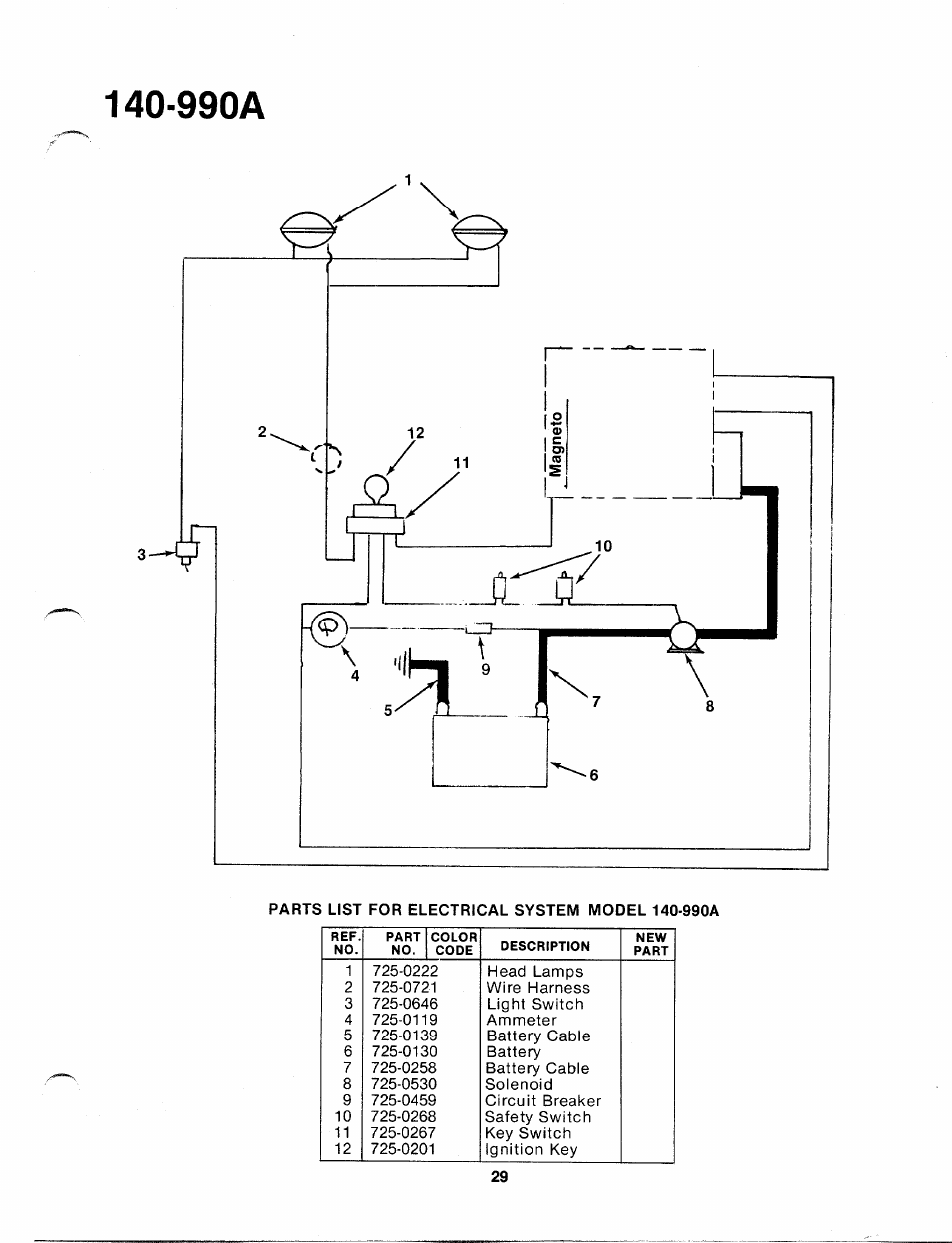 Parts list for electrical system model 140-990a, 990a | Bolens 140-990A User Manual | Page 29 / 47