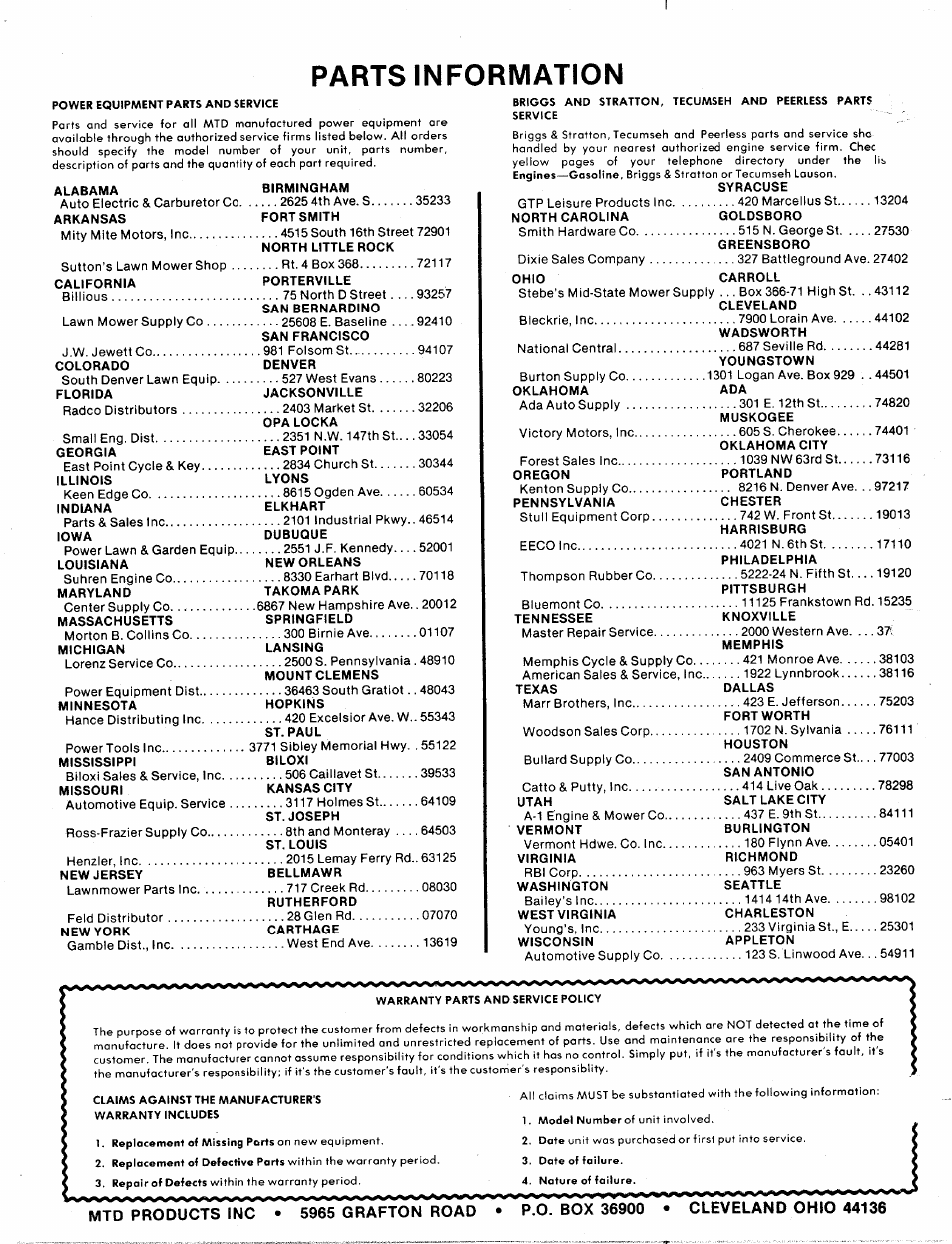 Parts information | Bolens 140-990A User Manual | Page 47 / 47