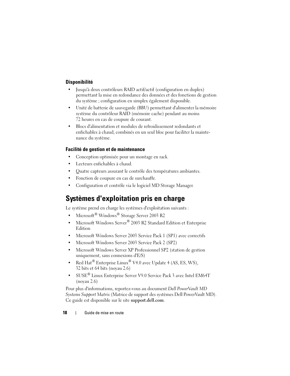 Disponibilité, Facilité de gestion et de maintenance, Systèmes d'exploitation pris en charge | Dell PowerVault MD3000i User Manual | Page 20 / 58