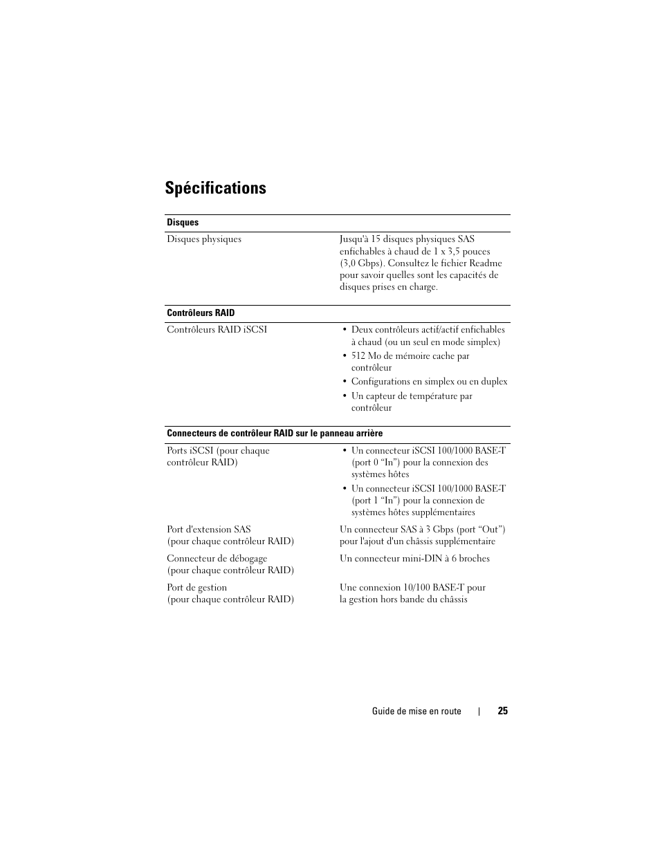 Spécifications | Dell PowerVault MD3000i User Manual | Page 27 / 58