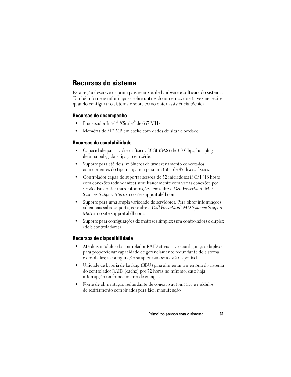 Recursos do sistema, Recursos de desempenho, Recursos de escalabilidade | Recursos de disponibilidade | Dell PowerVault MD3000i User Manual | Page 33 / 58