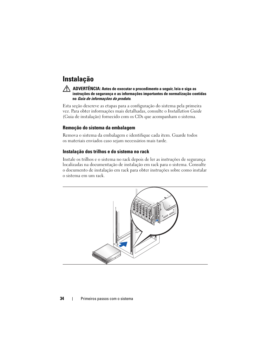 Instalação, Remoção do sistema da embalagem, Instalação dos trilhos e do sistema no rack | Dell PowerVault MD3000i User Manual | Page 36 / 58