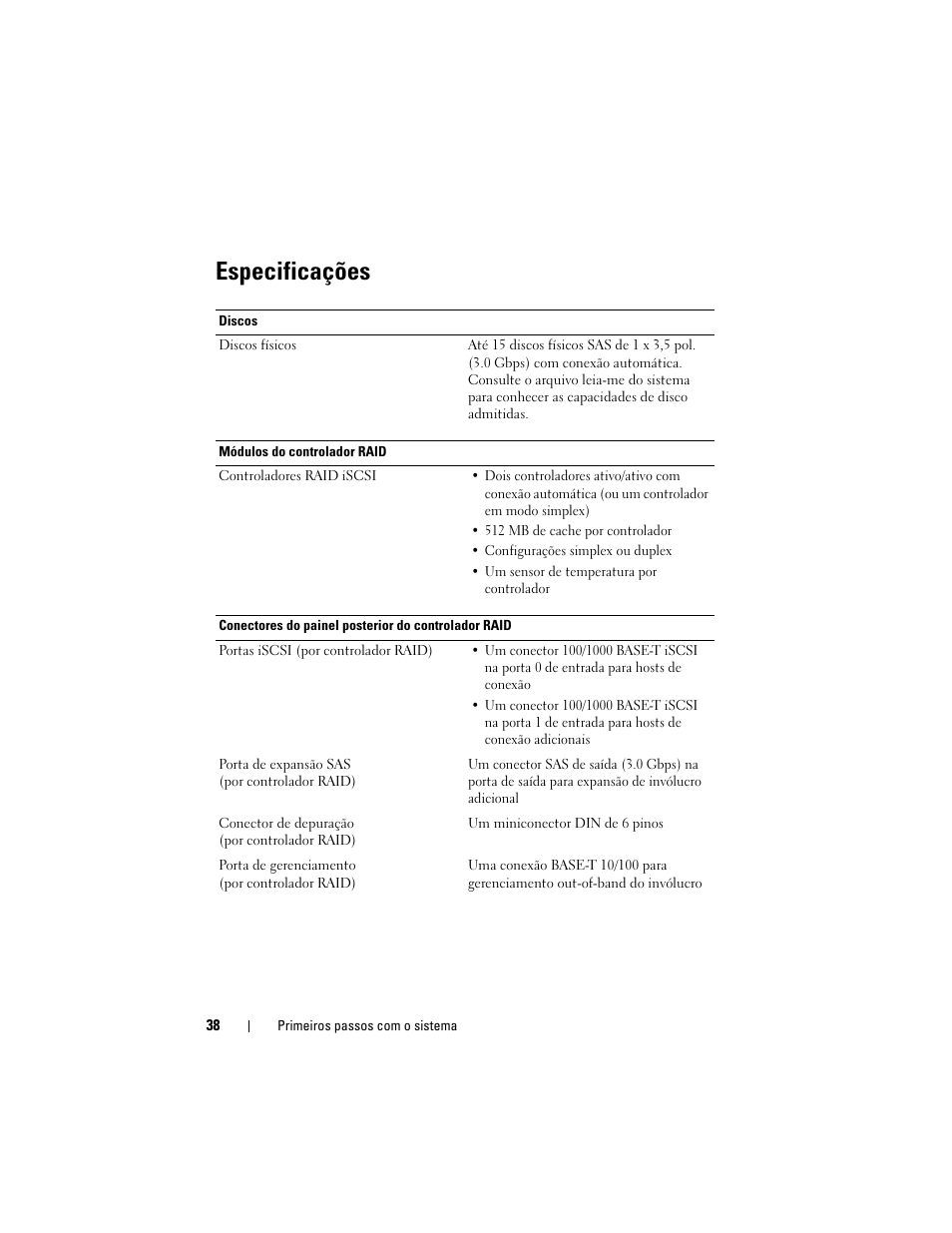 Especificações | Dell PowerVault MD3000i User Manual | Page 40 / 58