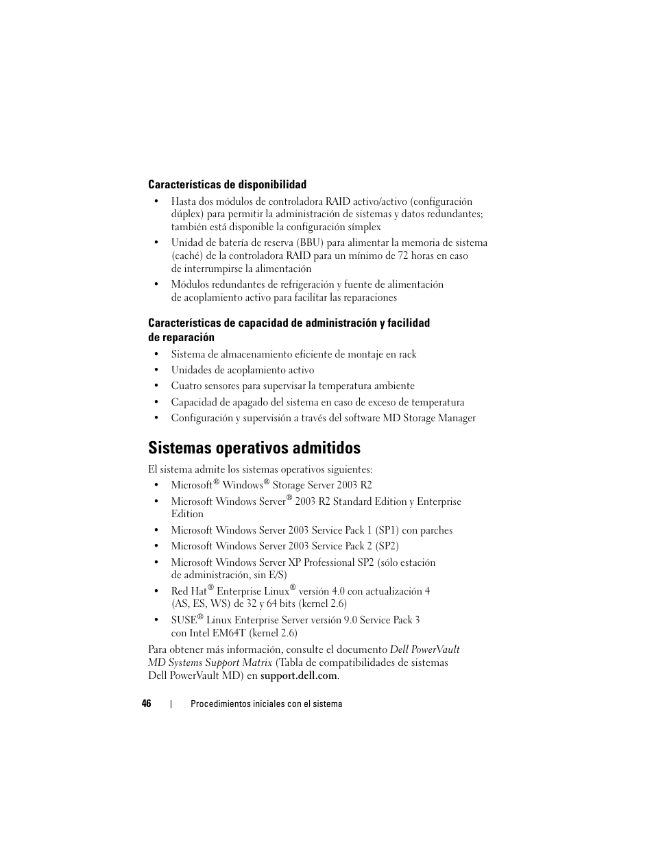 Características de disponibilidad, Sistemas operativos admitidos | Dell PowerVault MD3000i User Manual | Page 48 / 58