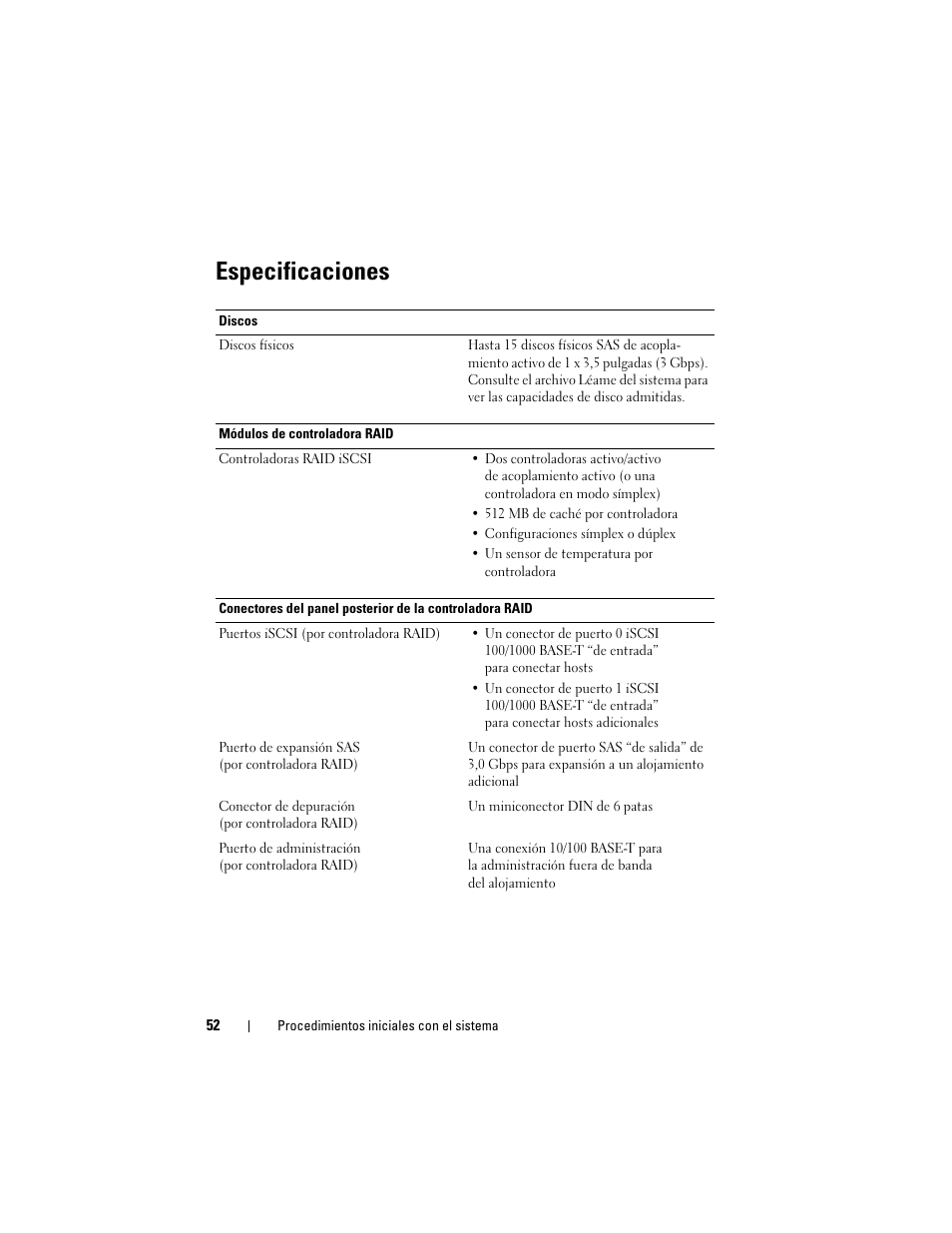 Especificaciones | Dell PowerVault MD3000i User Manual | Page 54 / 58