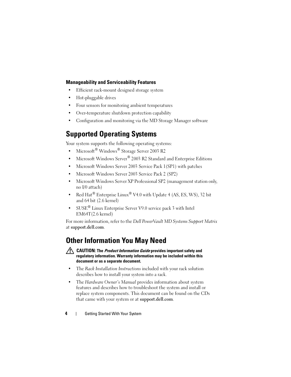 Manageability and serviceability features, Supported operating systems, Other information you may need | Dell PowerVault MD3000i User Manual | Page 6 / 58