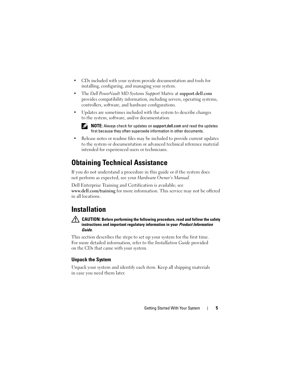 Obtaining technical assistance, Installation, Unpack the system | Dell PowerVault MD3000i User Manual | Page 7 / 58
