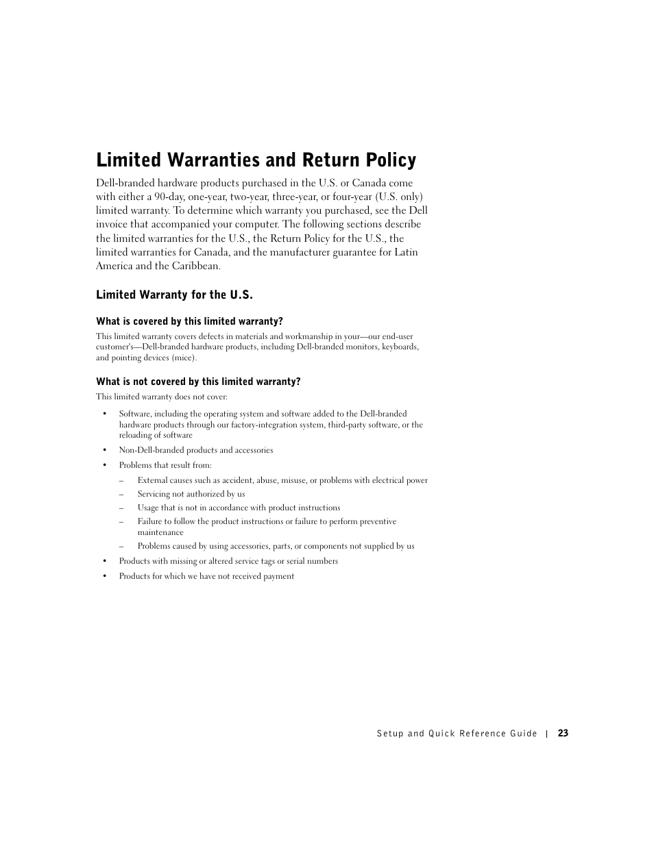 Limited warranties and return policy, Limited warranty for the u.s | Dell OptiPlex GX60 User Manual | Page 24 / 95