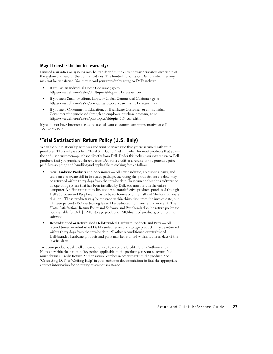 Total satisfaction" return policy (u.s. only) | Dell OptiPlex GX60 User Manual | Page 28 / 95