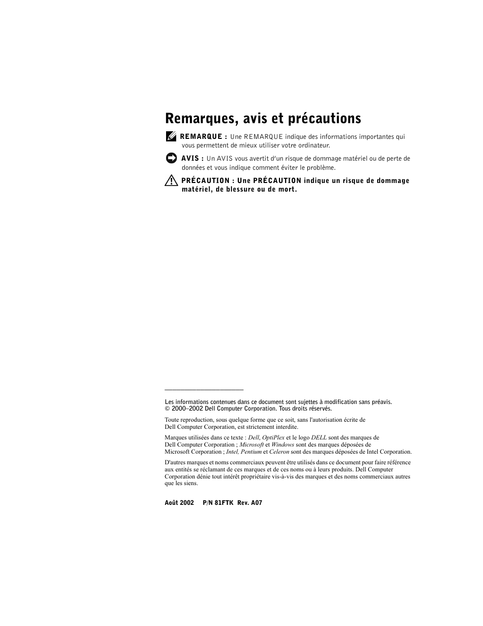 Remarques, avis et précautions | Dell OptiPlex GX60 User Manual | Page 39 / 95