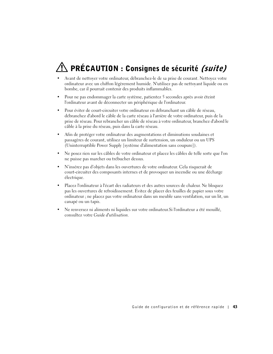 Suite), Précaution : consignes de sécurité | Dell OptiPlex GX60 User Manual | Page 44 / 95