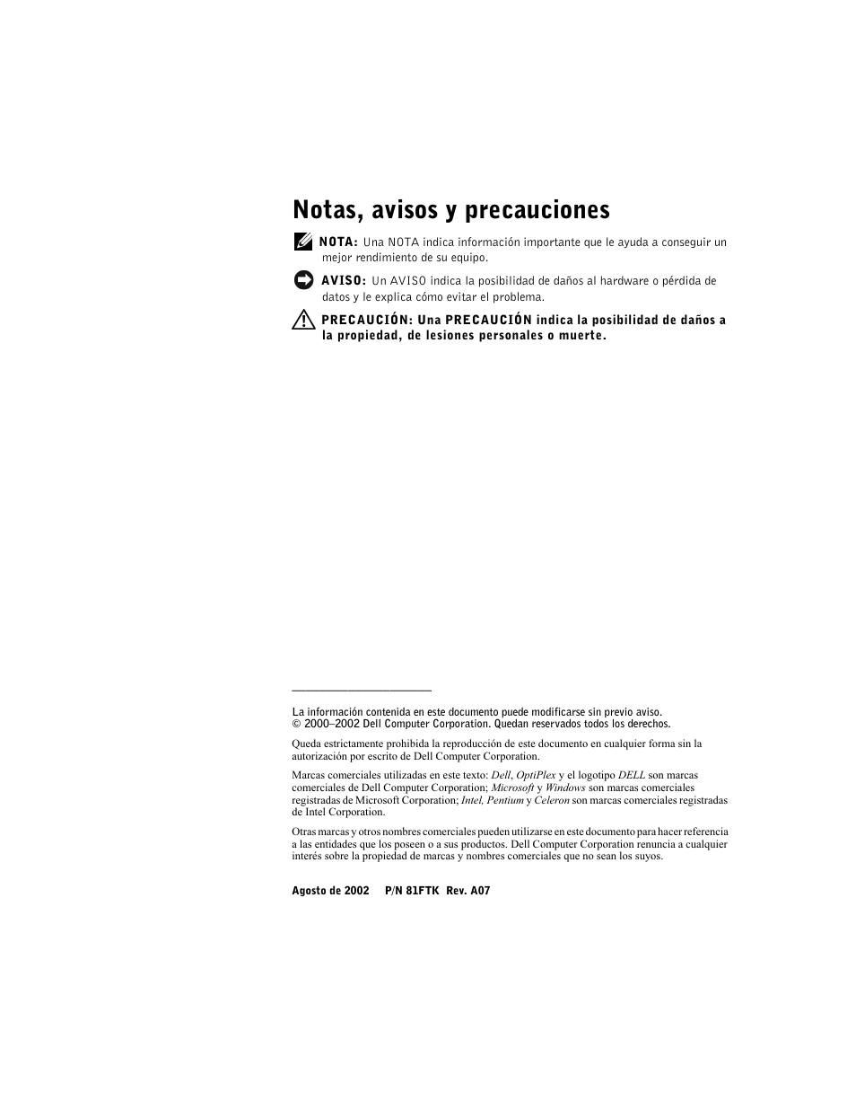 Notas, avisos y precauciones | Dell OptiPlex GX60 User Manual | Page 71 / 95