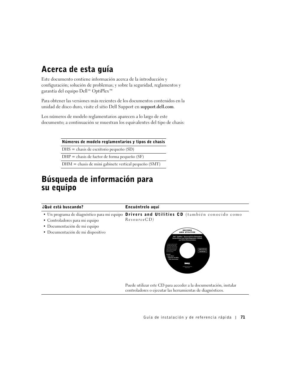 Acerca de esta guía, Búsqueda de información para suequipo, Búsqueda de información para su equipo | Dell OptiPlex GX60 User Manual | Page 72 / 95