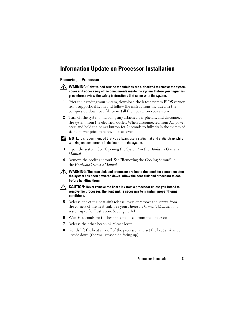 Information update on processor installation, Removing a processor | Dell POWEREDGE R610 User Manual | Page 3 / 70