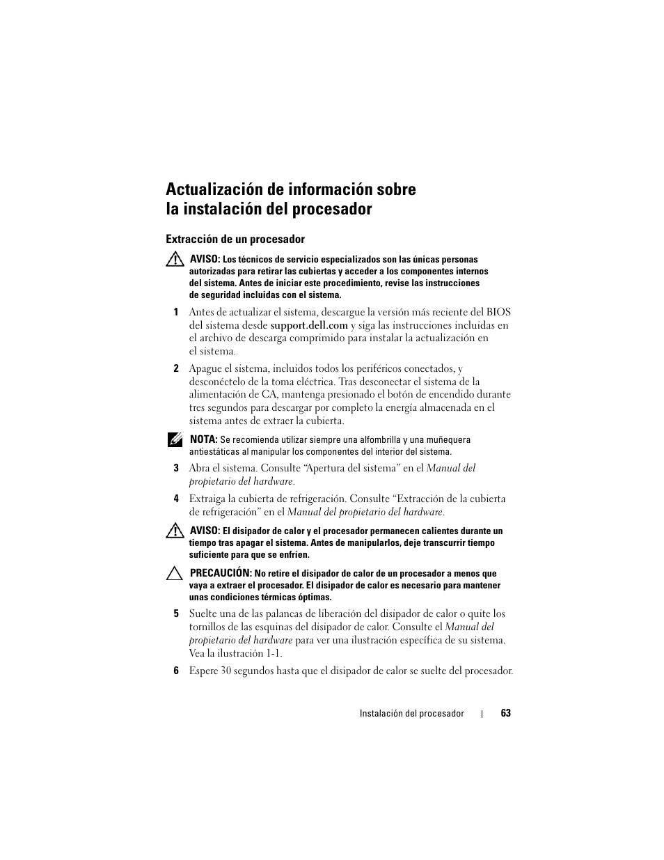 Extracción de un procesador | Dell POWEREDGE R610 User Manual | Page 63 / 70