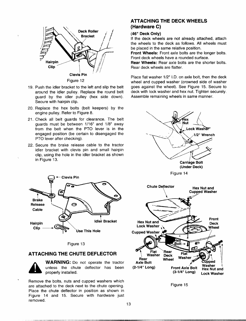 Attaching the chute deflector, Attaching the deck wheels (hardware c) | Bolens 820 thru 829 User Manual | Page 13 / 27