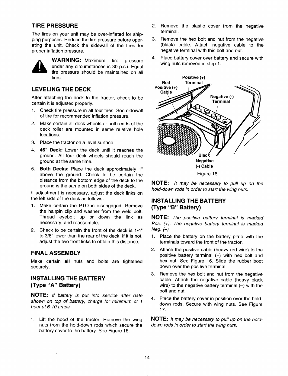 Tire pressure, Leveling the deck, Final assembly | Installing the battery (type “a” battery) | Bolens 820 thru 829 User Manual | Page 14 / 27