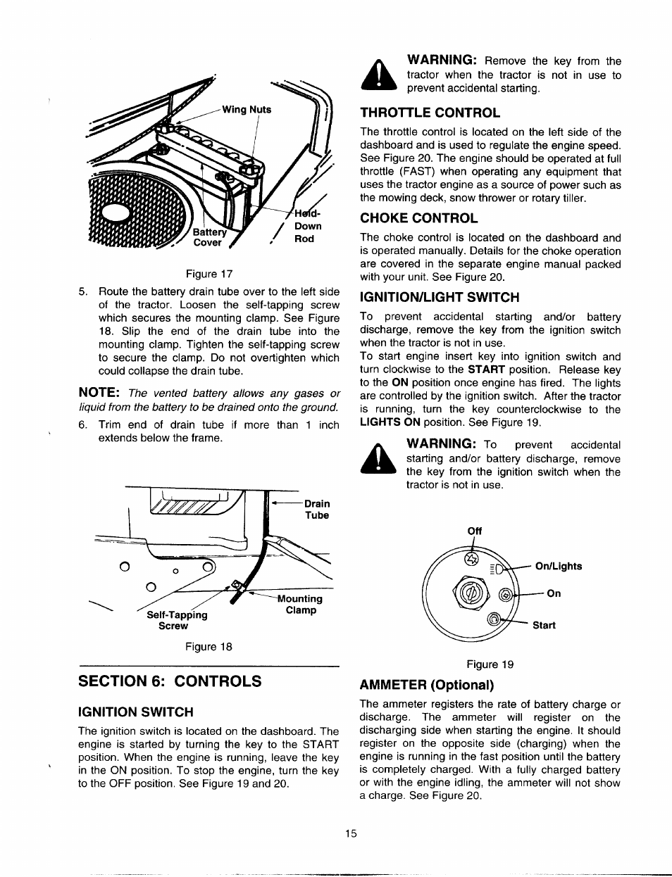 Sections: controls, Ignition switch, Throttle control | Choke control, Ignition/light switch, Ammeter (optional) | Bolens 820 thru 829 User Manual | Page 15 / 27