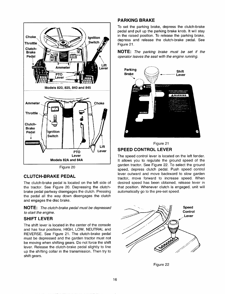 Clutch-brake pedal, Shift lever, Parking brake | Speed control lever | Bolens 820 thru 829 User Manual | Page 16 / 27
