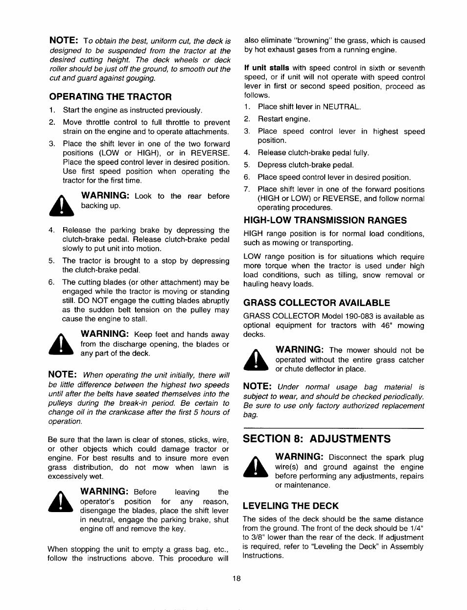 Operating the tractor, High-low transmission ranges, Grass collector available | Sections: adjustments, Leveling the deck | Bolens 820 thru 829 User Manual | Page 18 / 27