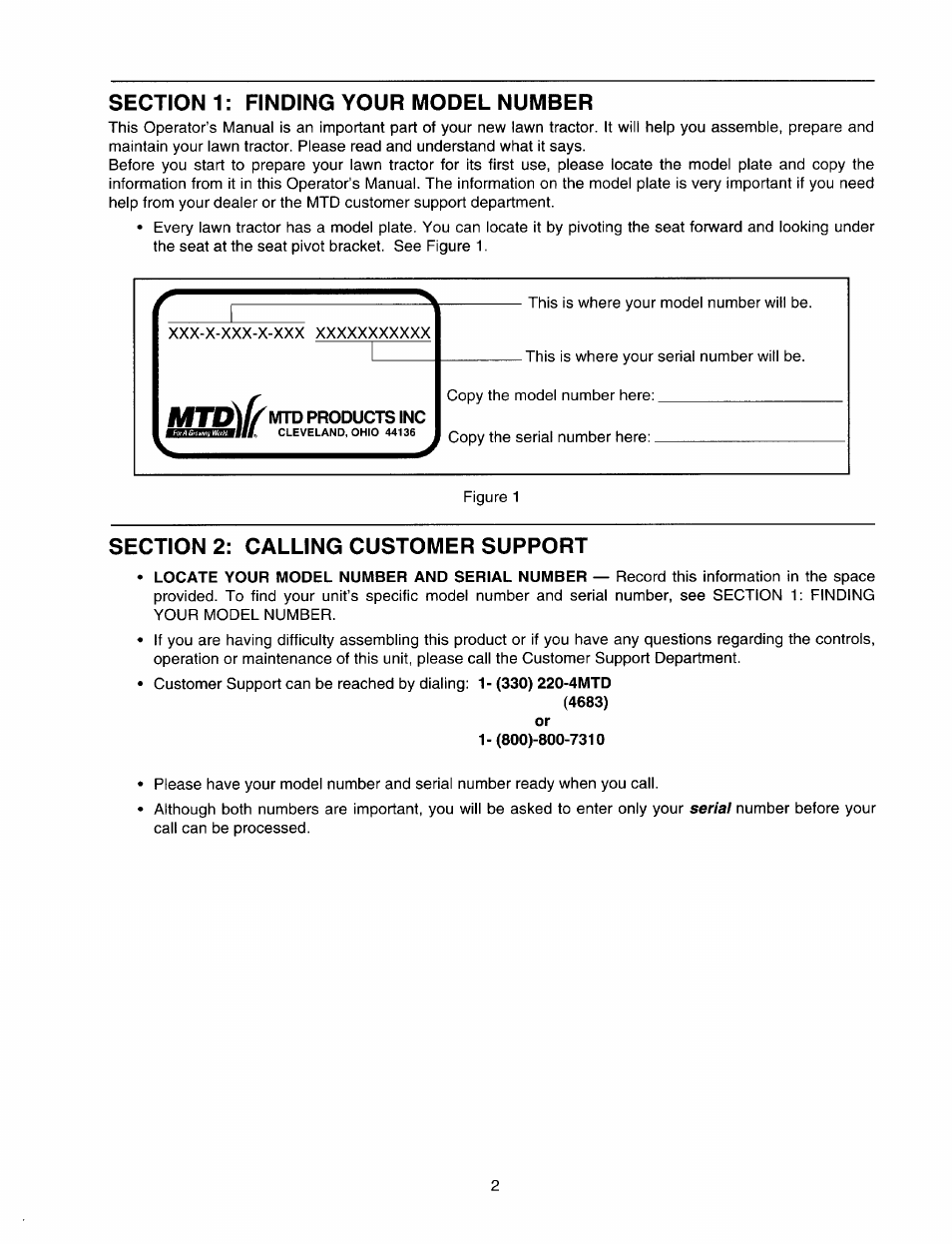 Section 1: finding your model number, Section 2: calling customer support | Bolens 820 thru 829 User Manual | Page 2 / 27