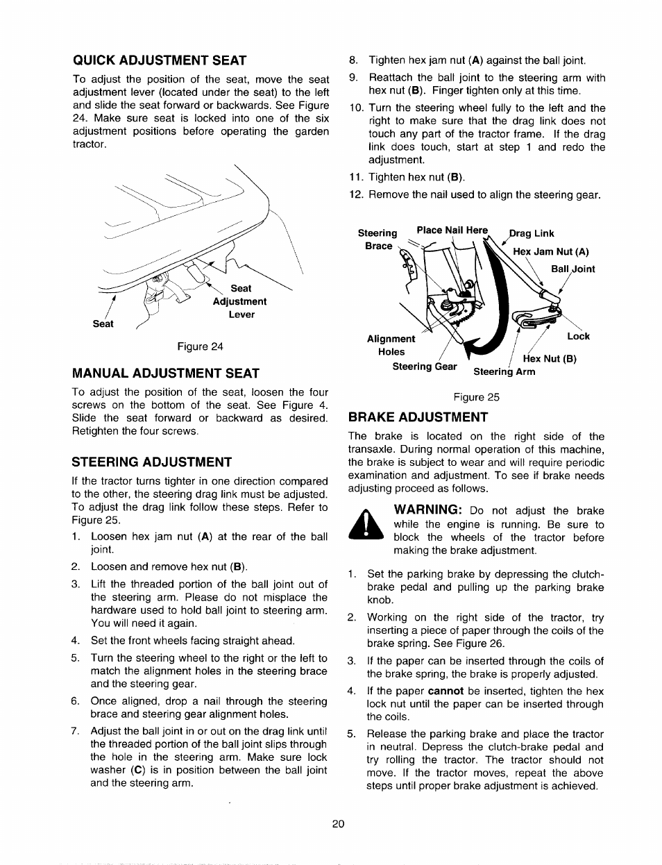 Quick adjustment seat, Manual adjustment seat, Steering adjustment | Brake adjustment | Bolens 820 thru 829 User Manual | Page 20 / 27