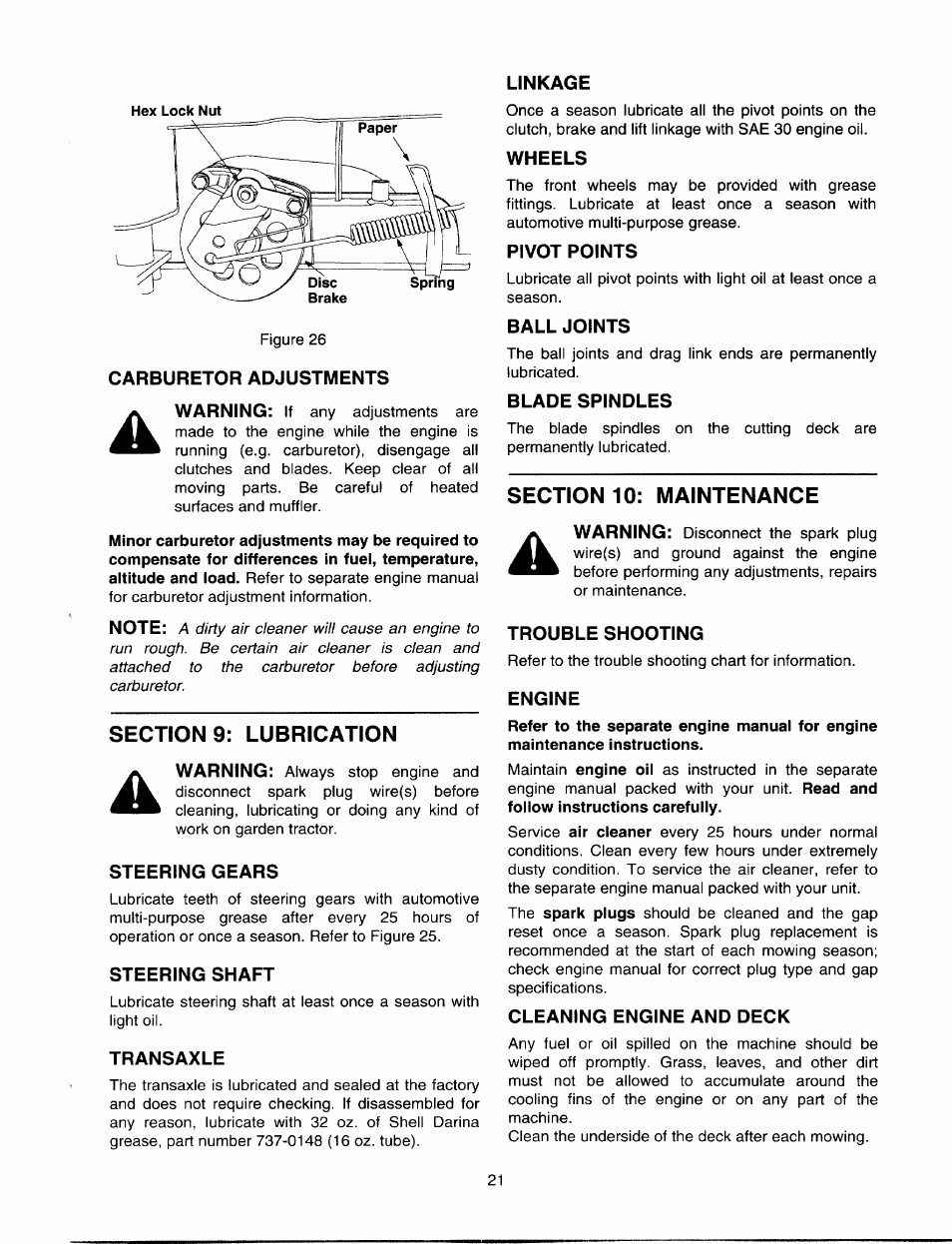 Linkage, Carburetor adjustments, Sections: lubrication | Steering gears, Steering shaft, Transaxle, Wheels, Pivot points, Ball joints, Blade spindles | Bolens 820 thru 829 User Manual | Page 21 / 27