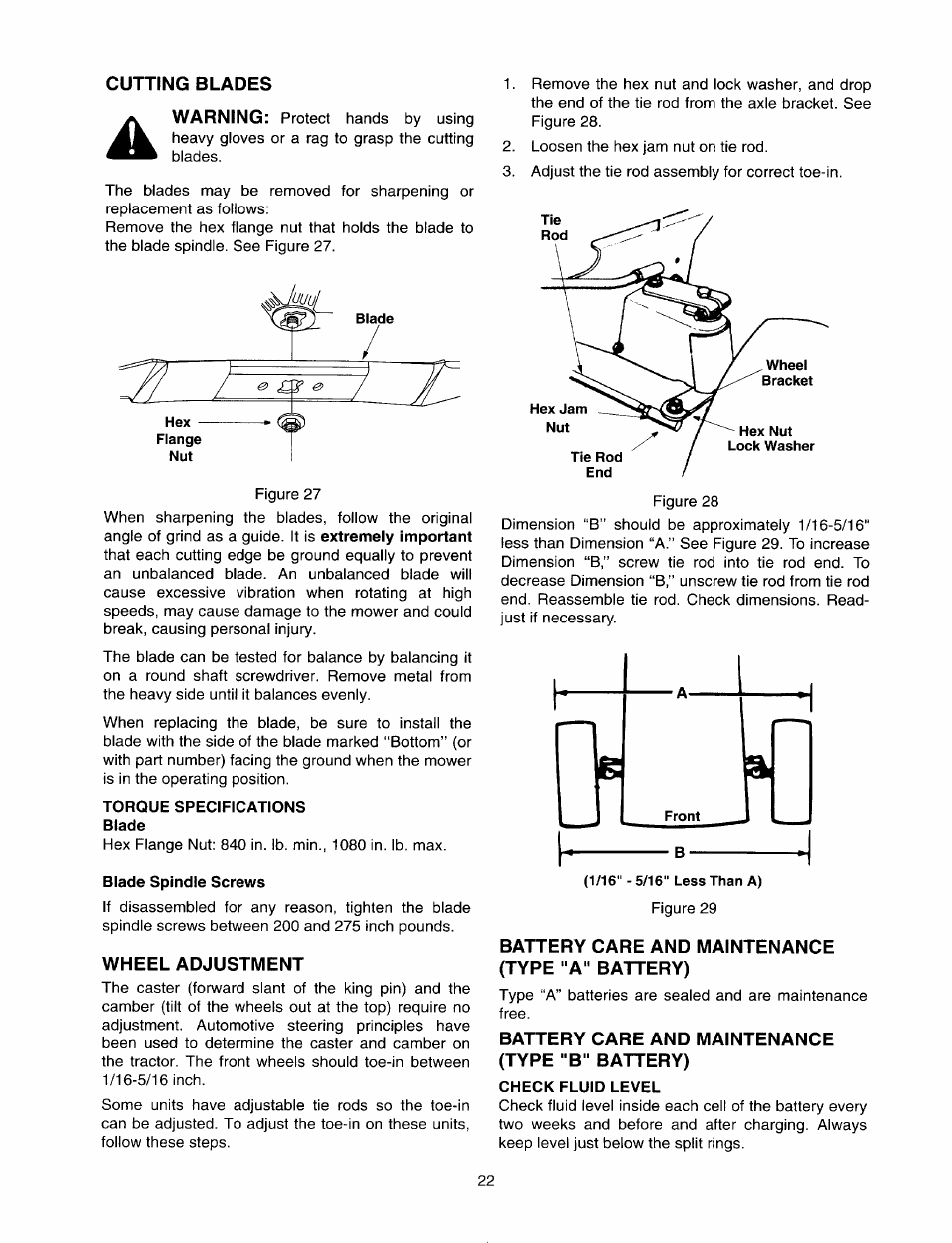 Cutting blades, Wheel adjustment, Battery care and maintenance (type "a" battery) | Battery care and maintenance (type "b" battery) | Bolens 820 thru 829 User Manual | Page 22 / 27