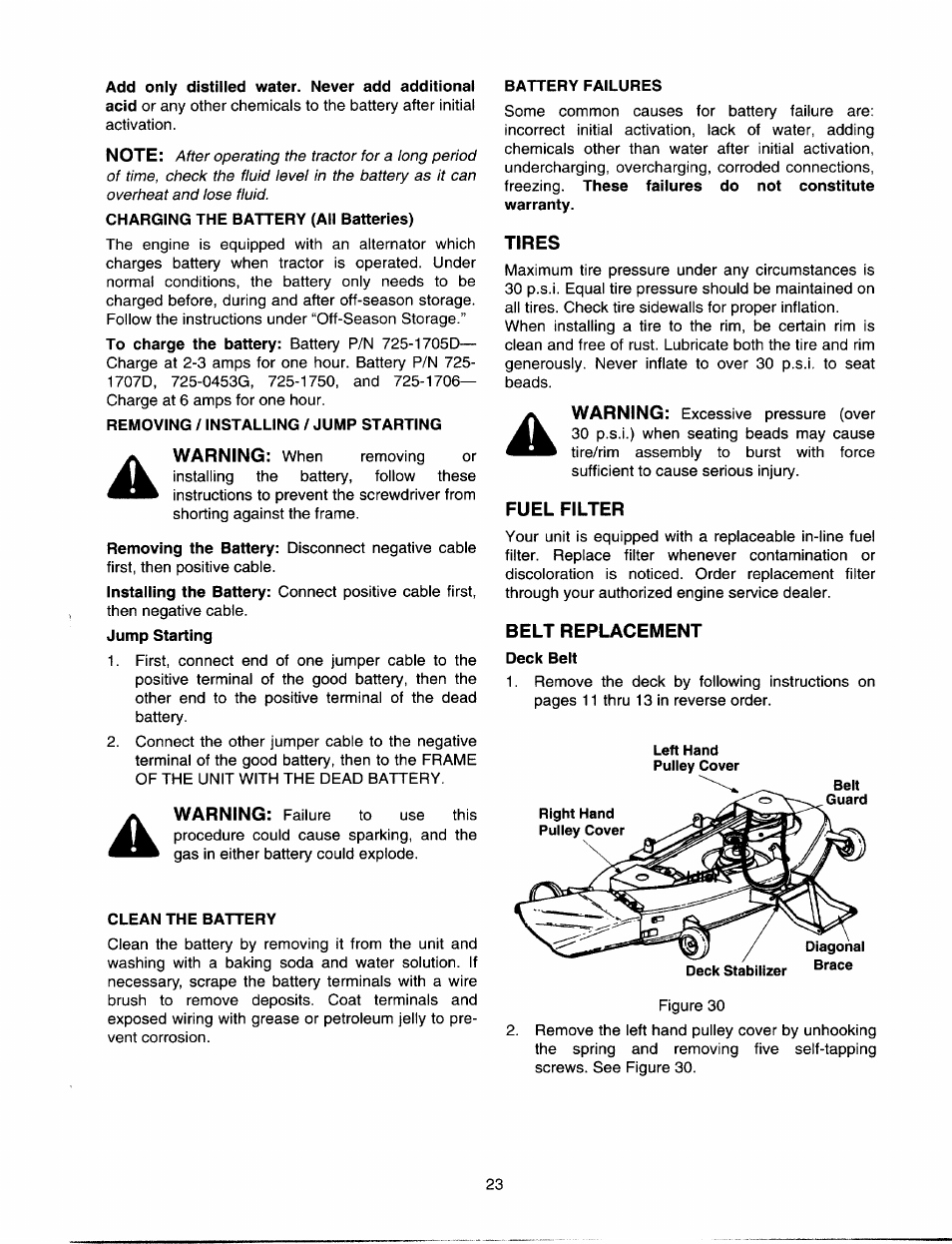 Tires, Fuel filter, Belt replacement | Bolens 820 thru 829 User Manual | Page 23 / 27