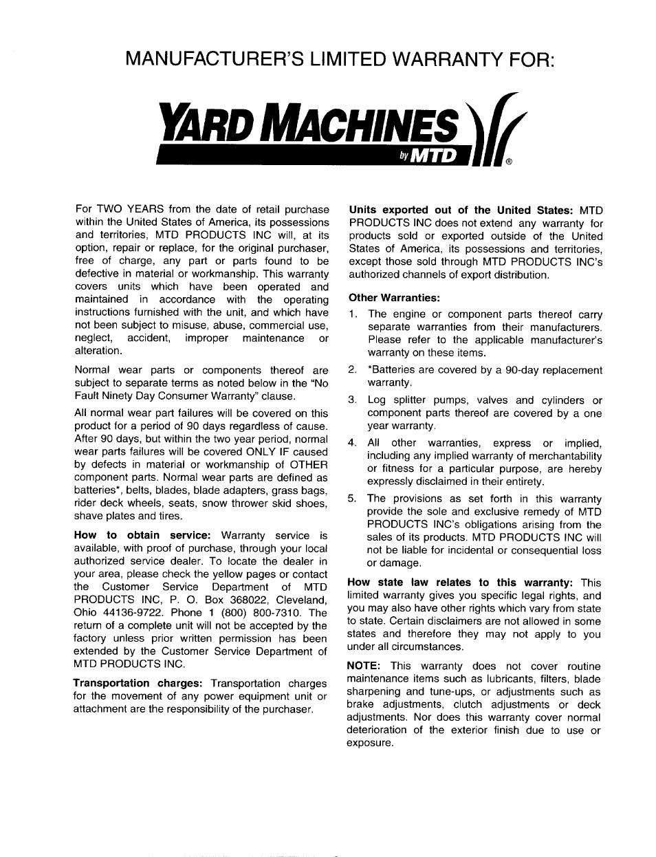 Manufacturer’s limited warranty for | Bolens 820 thru 829 User Manual | Page 27 / 27