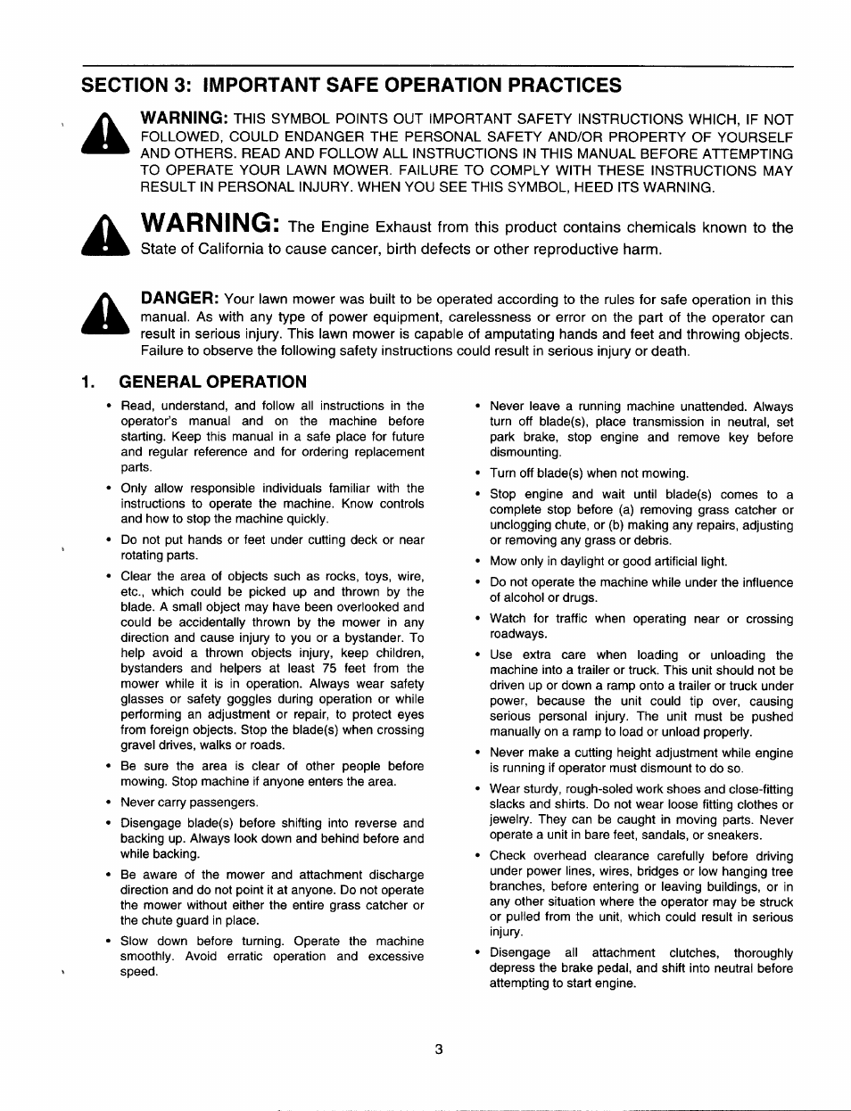 Section 3: important safe operation practices, General operation, Warning | Bolens 820 thru 829 User Manual | Page 3 / 27