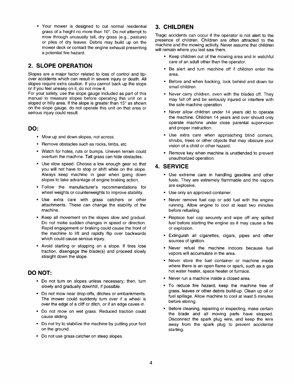 Slope operation, Do not, Children | Service | Bolens 820 thru 829 User Manual | Page 4 / 27
