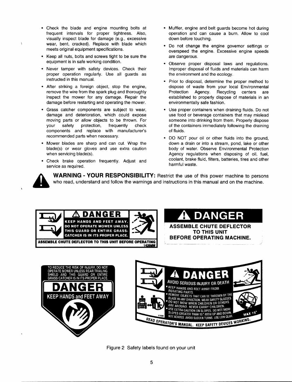 Danger, Adawger, Warning - your responsibility | Bolens 820 thru 829 User Manual | Page 5 / 27