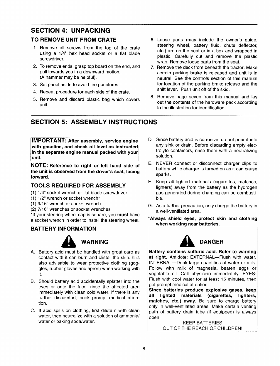 Section 4: unpacking, To remove unit from crate, Section 5: assembly instructions | Tools required for assembly, Battery information, Warning, Danger | Bolens 820 thru 829 User Manual | Page 8 / 27