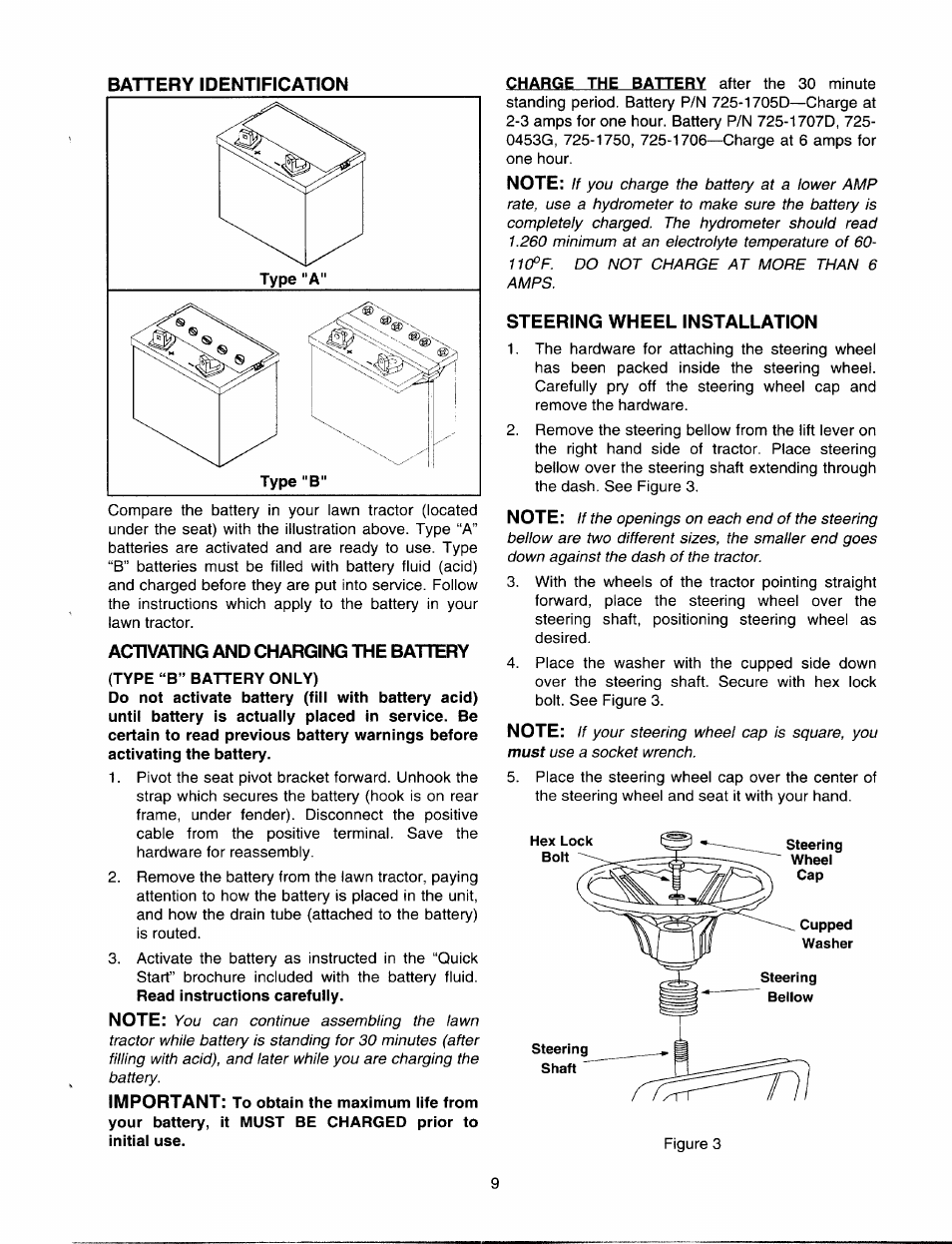 Battery identification, Activating and charging the battery, Steering wheel installation | Bolens 820 thru 829 User Manual | Page 9 / 27
